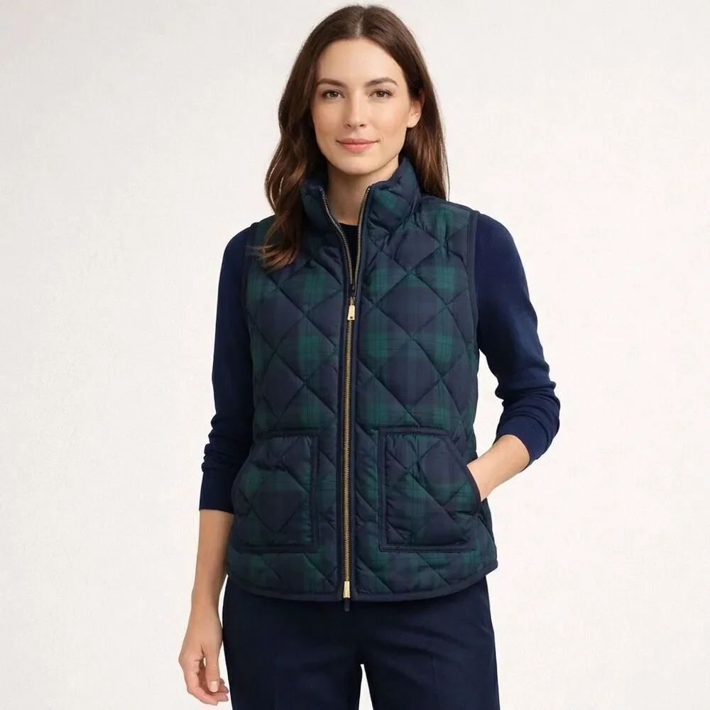 J.Crew Blackwatch Plaid Quilted Down Vest Women’s XS Navy Green